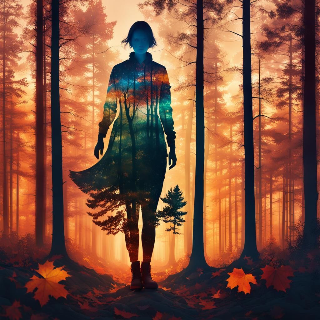 Powerful Silhouette in Double Exposure Autumn Forest