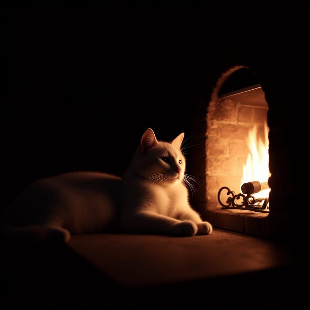 Relaxing Cat by Fireplace, Lora Style