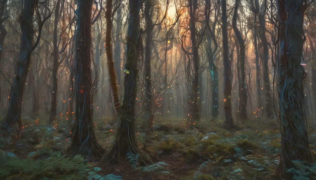 Mystical Being in Bioluminescent Forest: Surreal Landscape