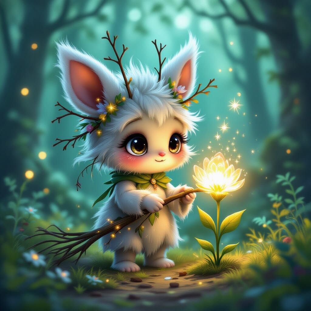 Whimsical Forest Spirit with Twigs and Sparkles