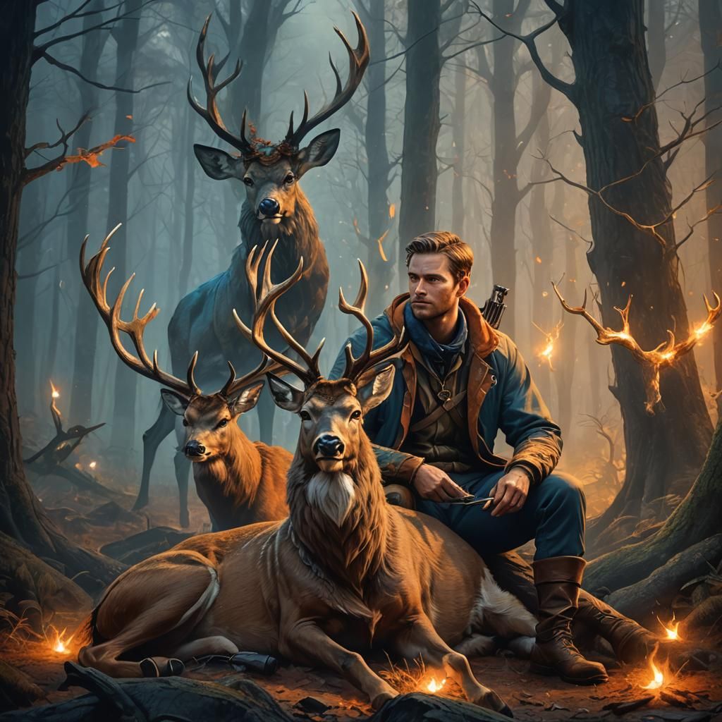 Hunter and Trophy Buck in Mystical Forest