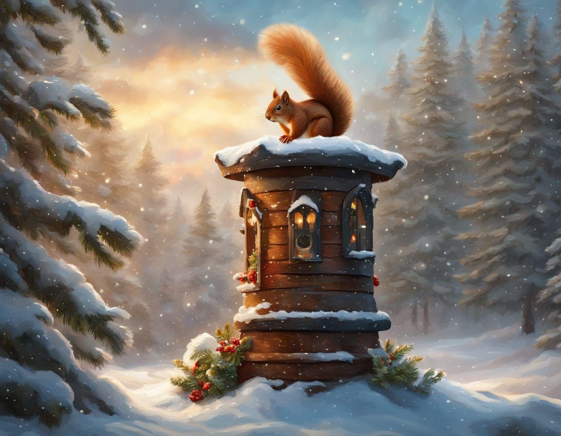 Red Squirrel Climbing Birdfeeder in Winter Snow