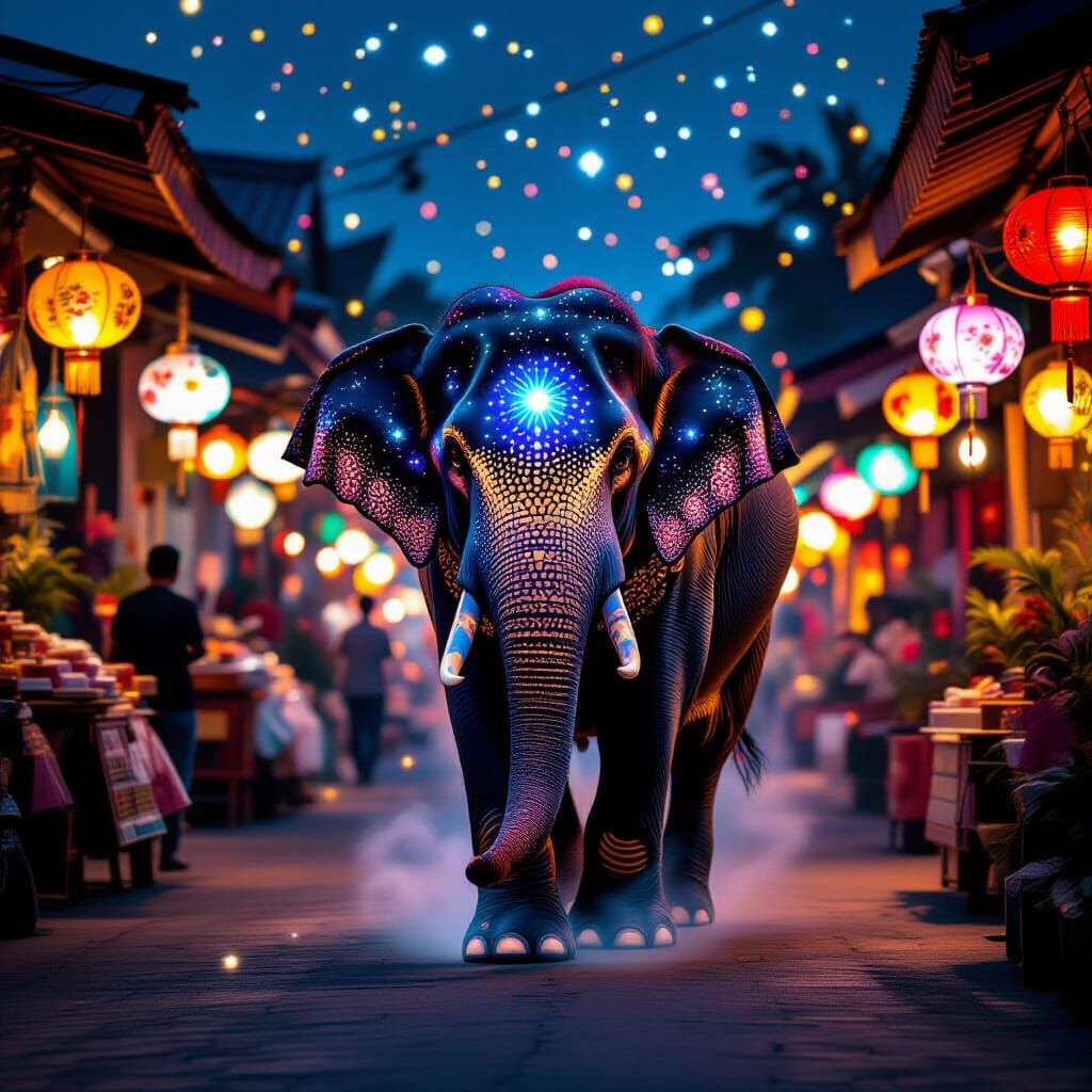 Galaxy Elephant in Batik Style at Neon Night Market