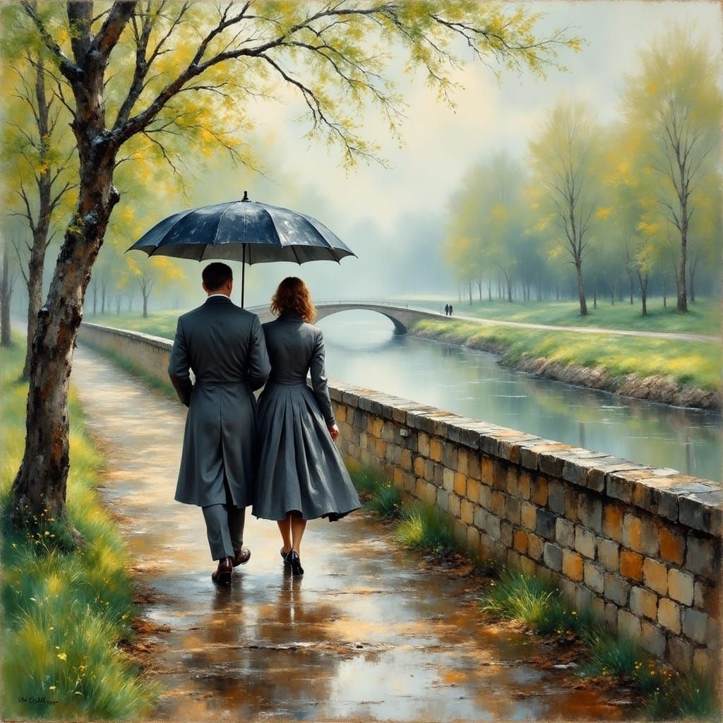 Impressionist Couple Strolls Under Rainy Spring Afternoon