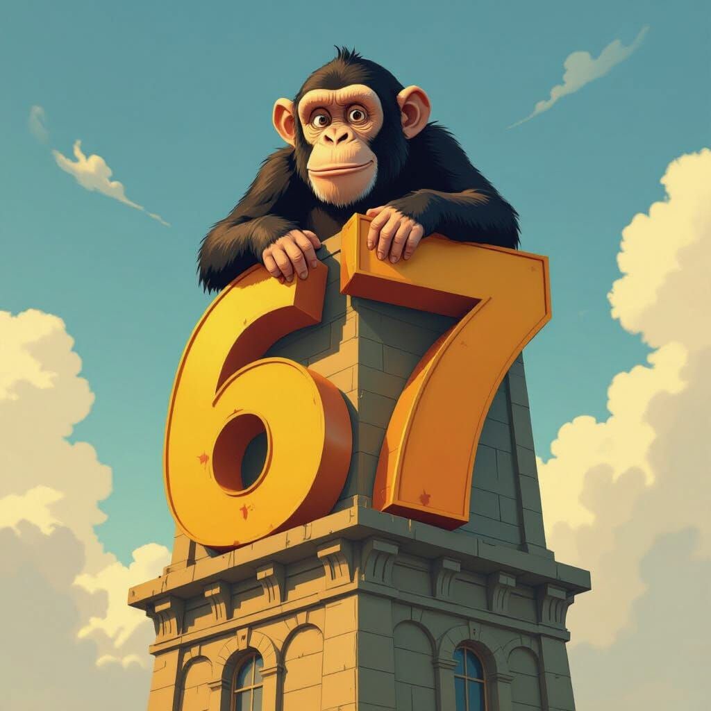 Chimpanzee Eats Numbers 6 and 7 on a Number Tower