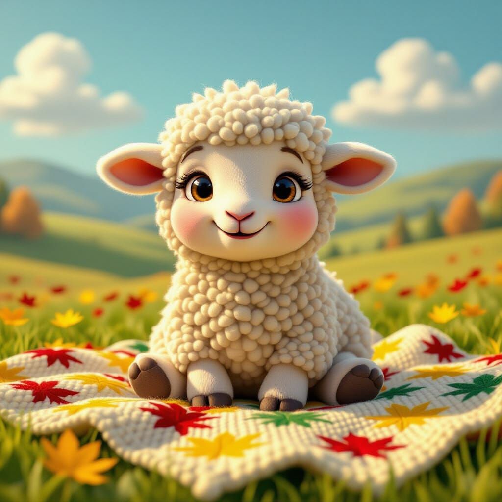 Fluffy Lamb on Knitted Blanket, Pixar Style