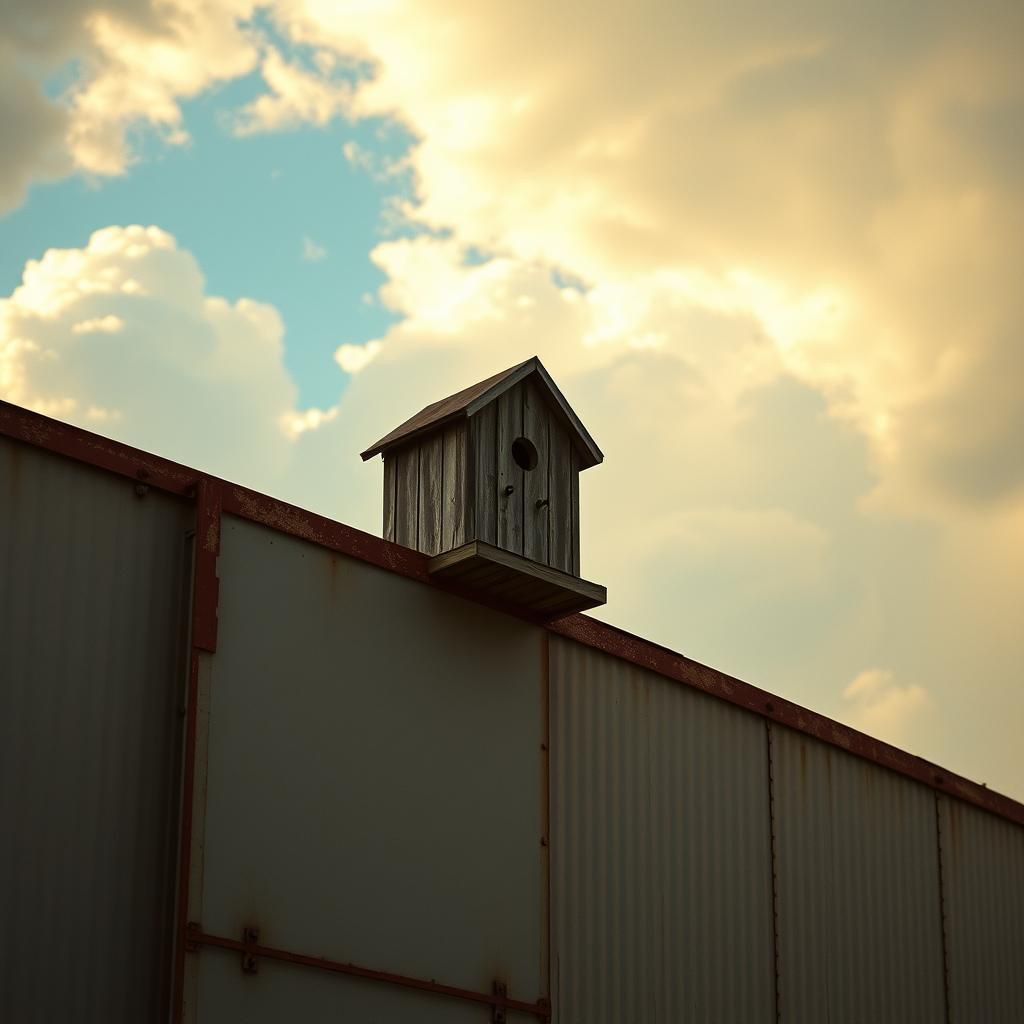 Birdhouse on Rusted Billboard in Cinematic Vintage Style
