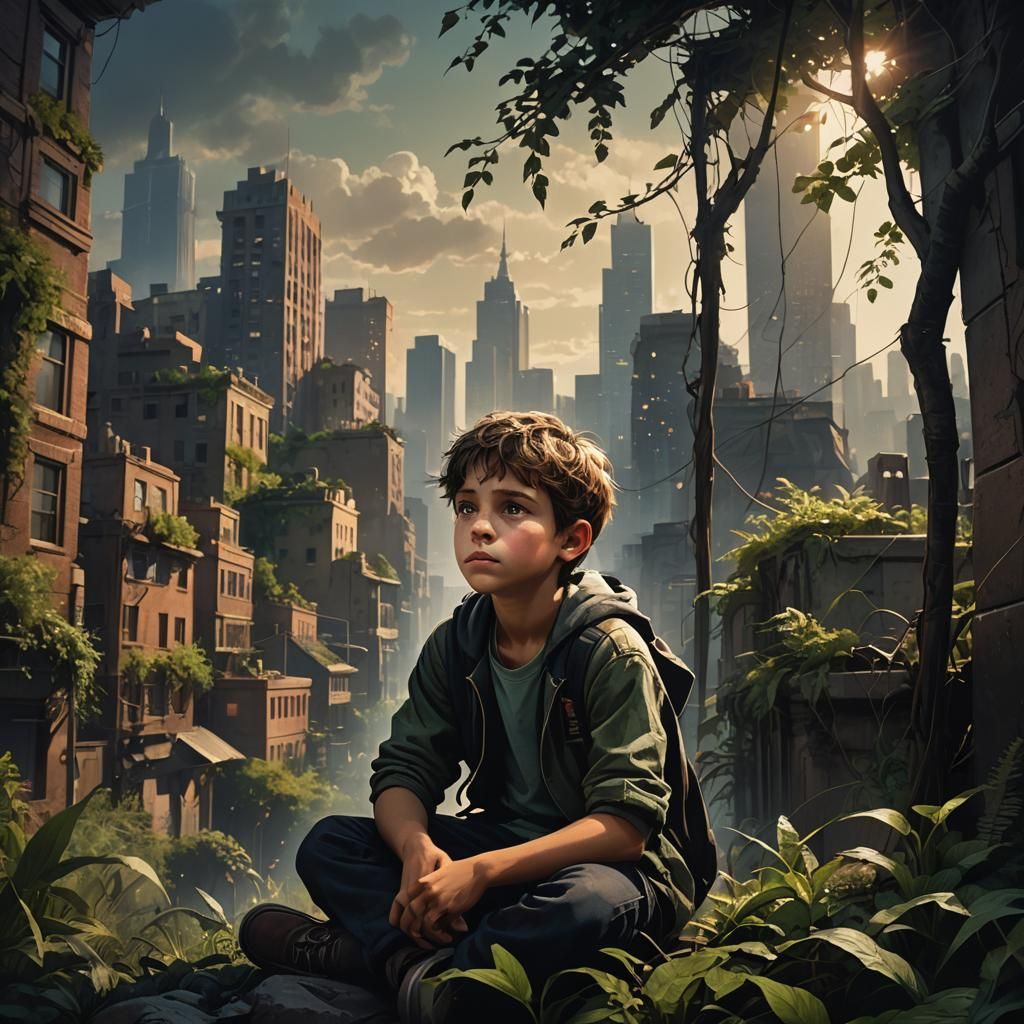Boy in Overgrown Cityscape with Hopeful Eyes