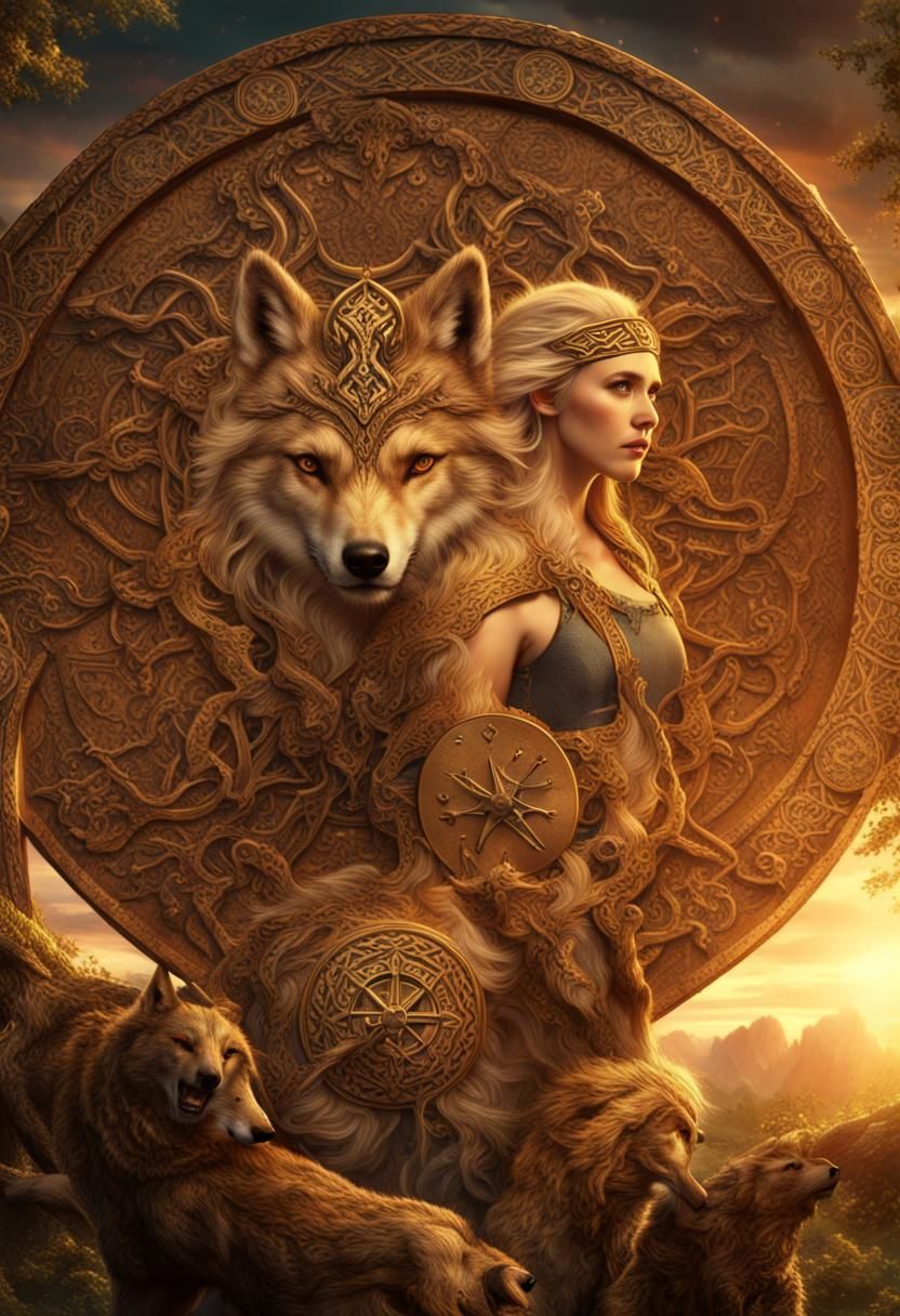 Fenrir and Freyja with Norse Symbols in Digital Painting