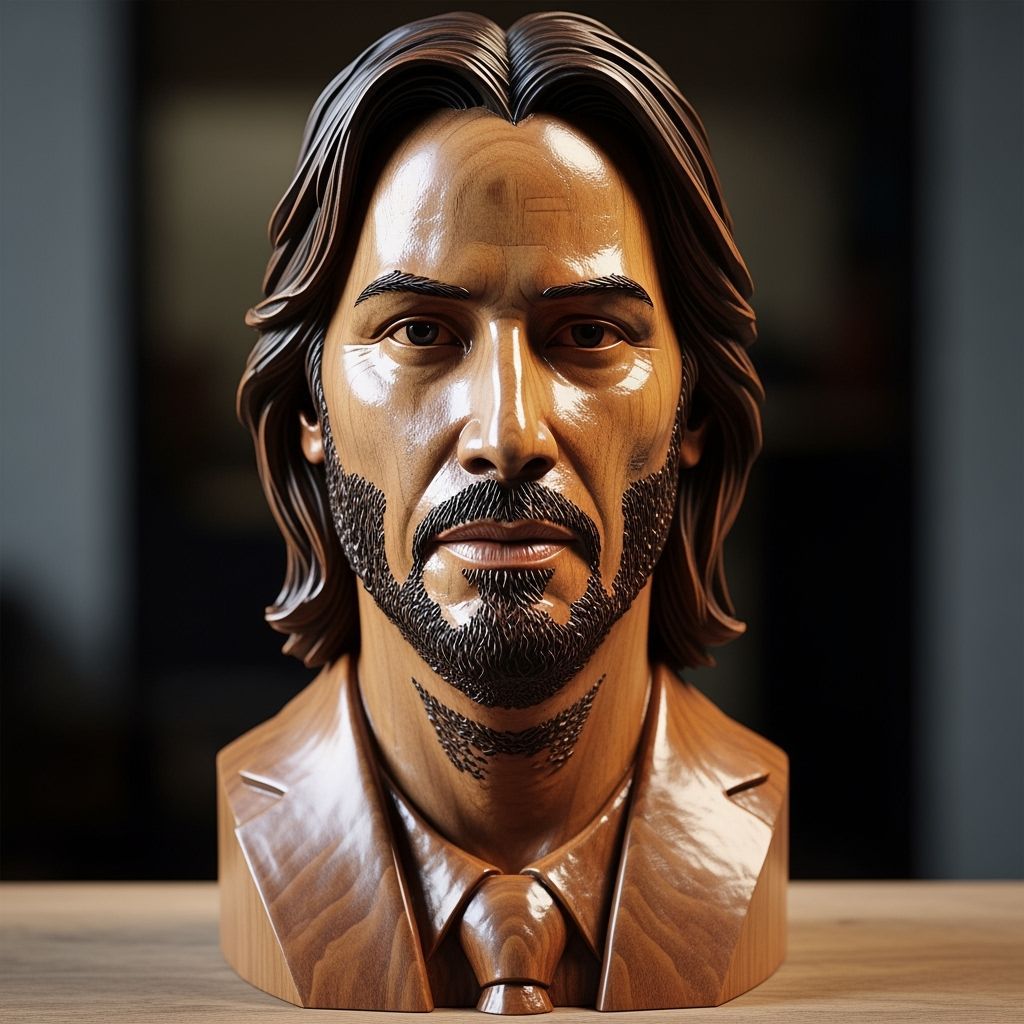 Polished Wood Carving of Keanu Reeves Bust