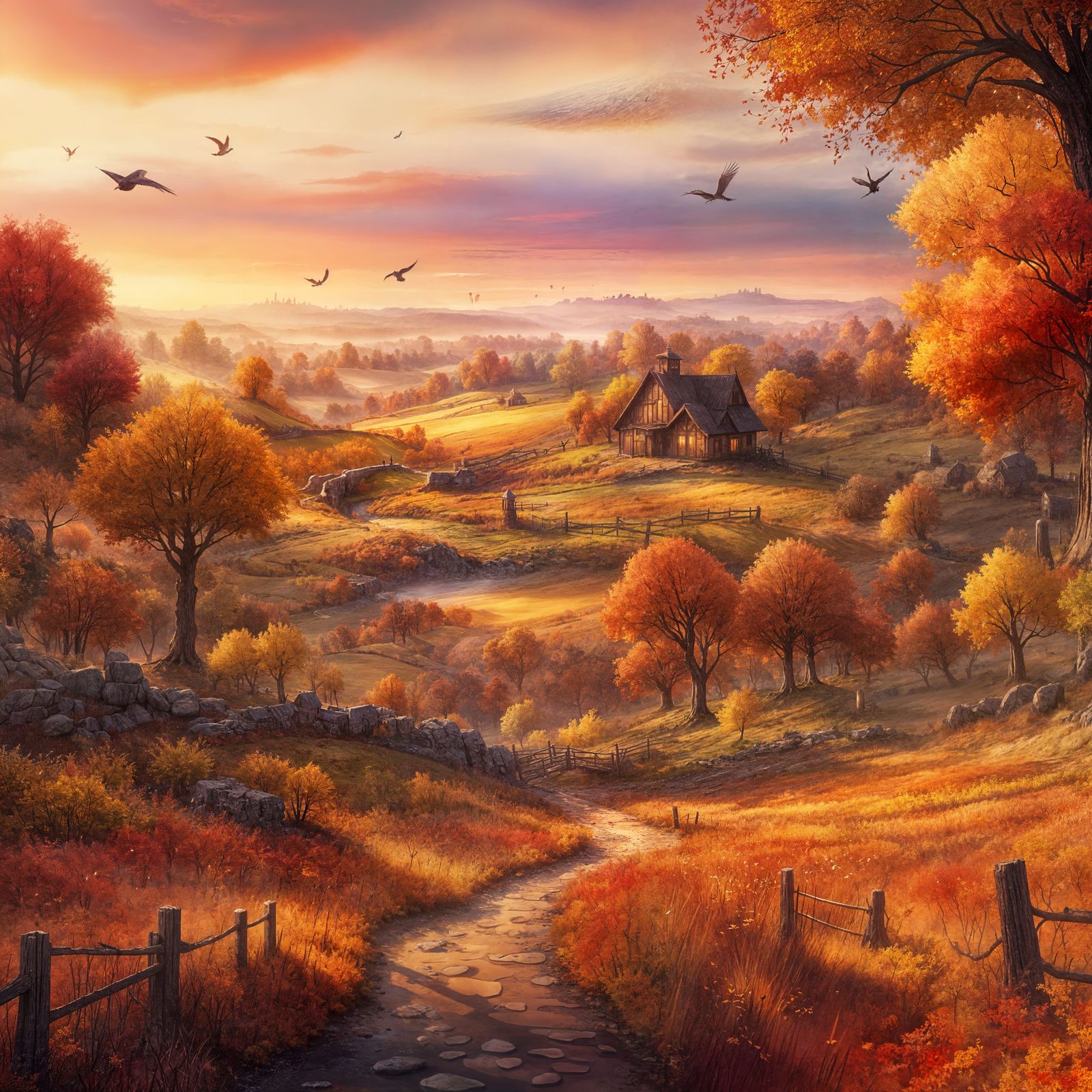 Autumn Countryside Sunset: Detailed Watercolour Painting