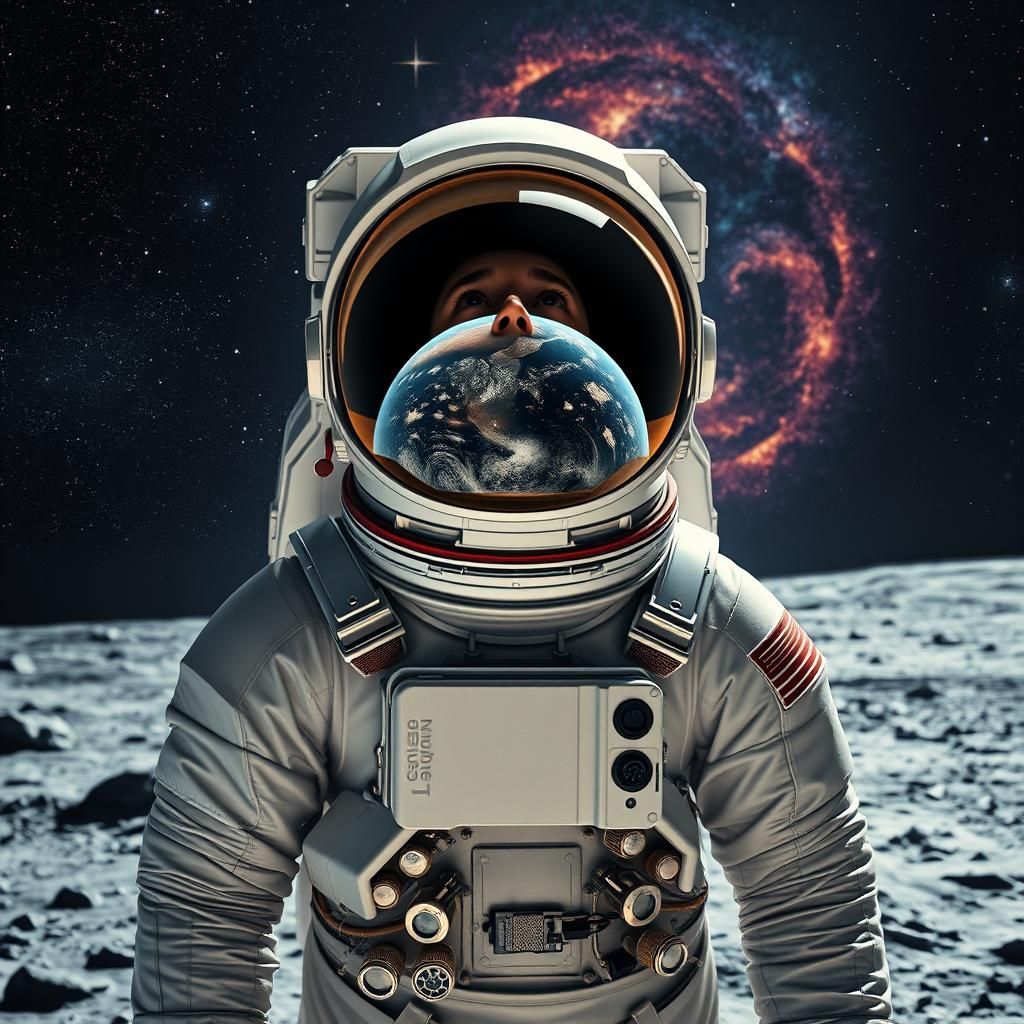 A surreal fractal astronaut standing on the moon gazing at the stars, reflection on the visor of the Earth