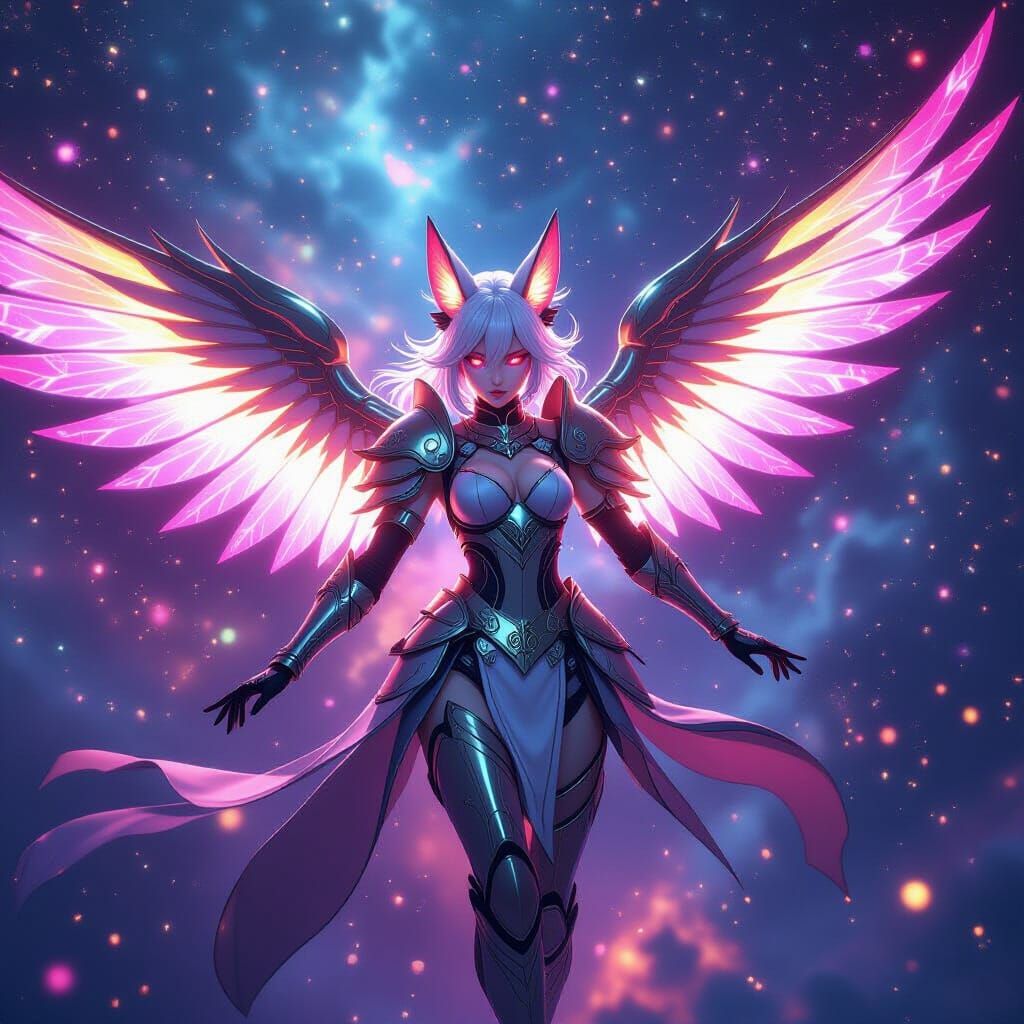Celestial Kitsune Soaring Through Nebula in Anime Style