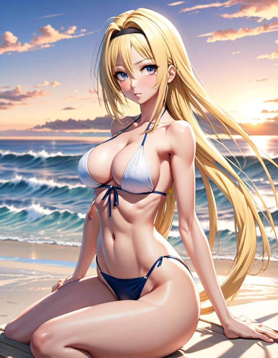 Blonde Woman at Sunset Beach in Anime Style