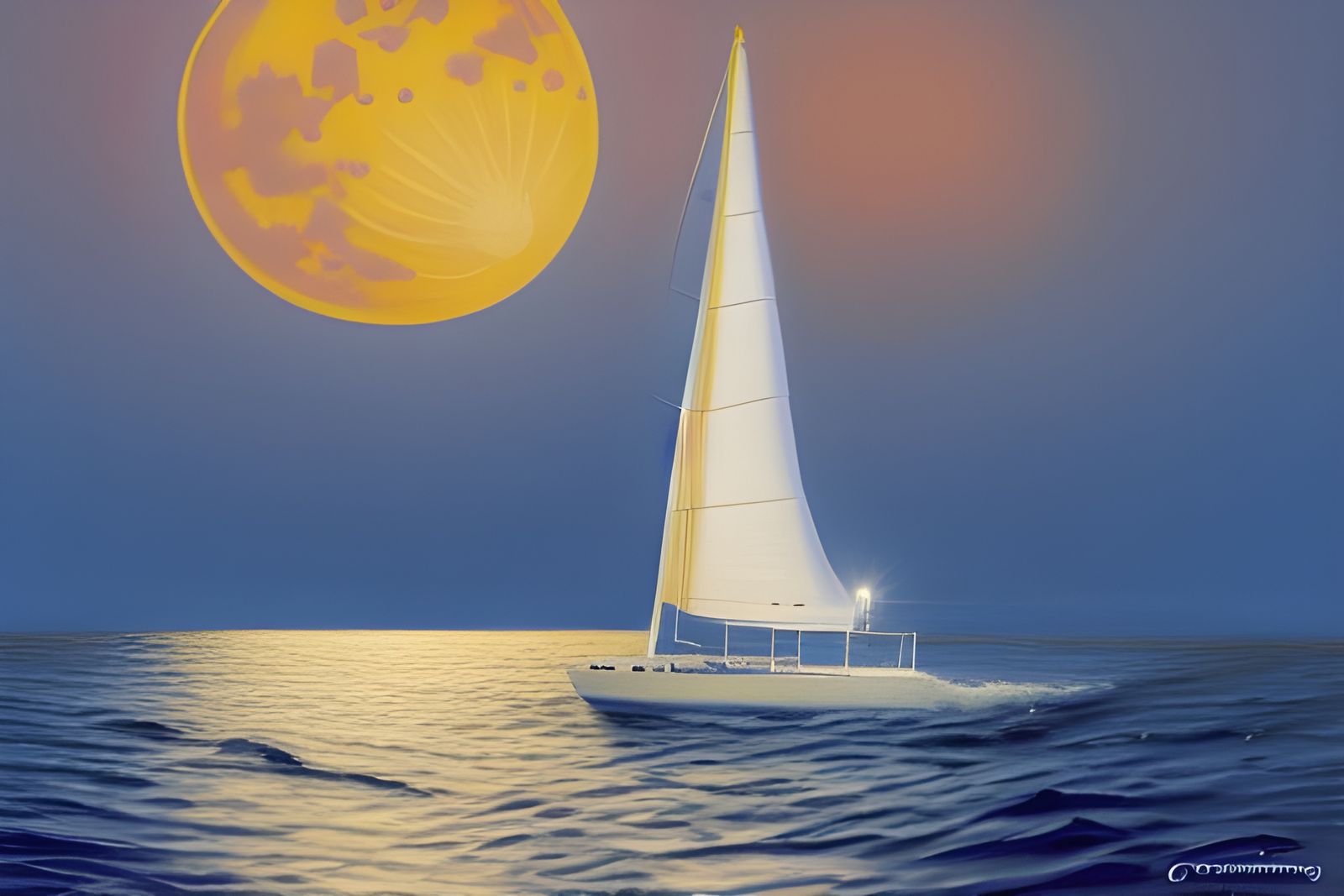 Catamaran Sailing Under the Moon: Hyperrealistic Oil Paintin...