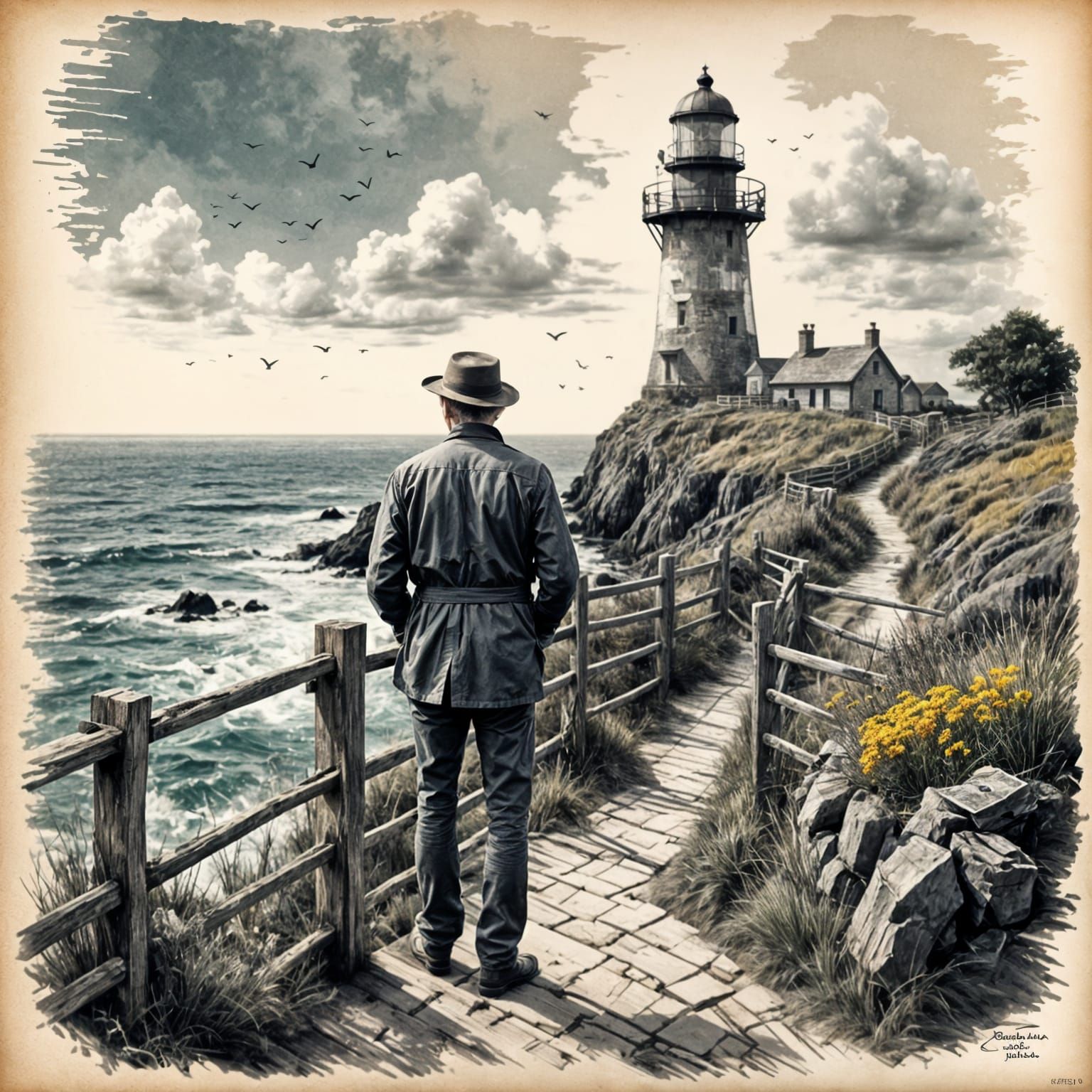 Lighthouse Keeper Sketch with Color Accents