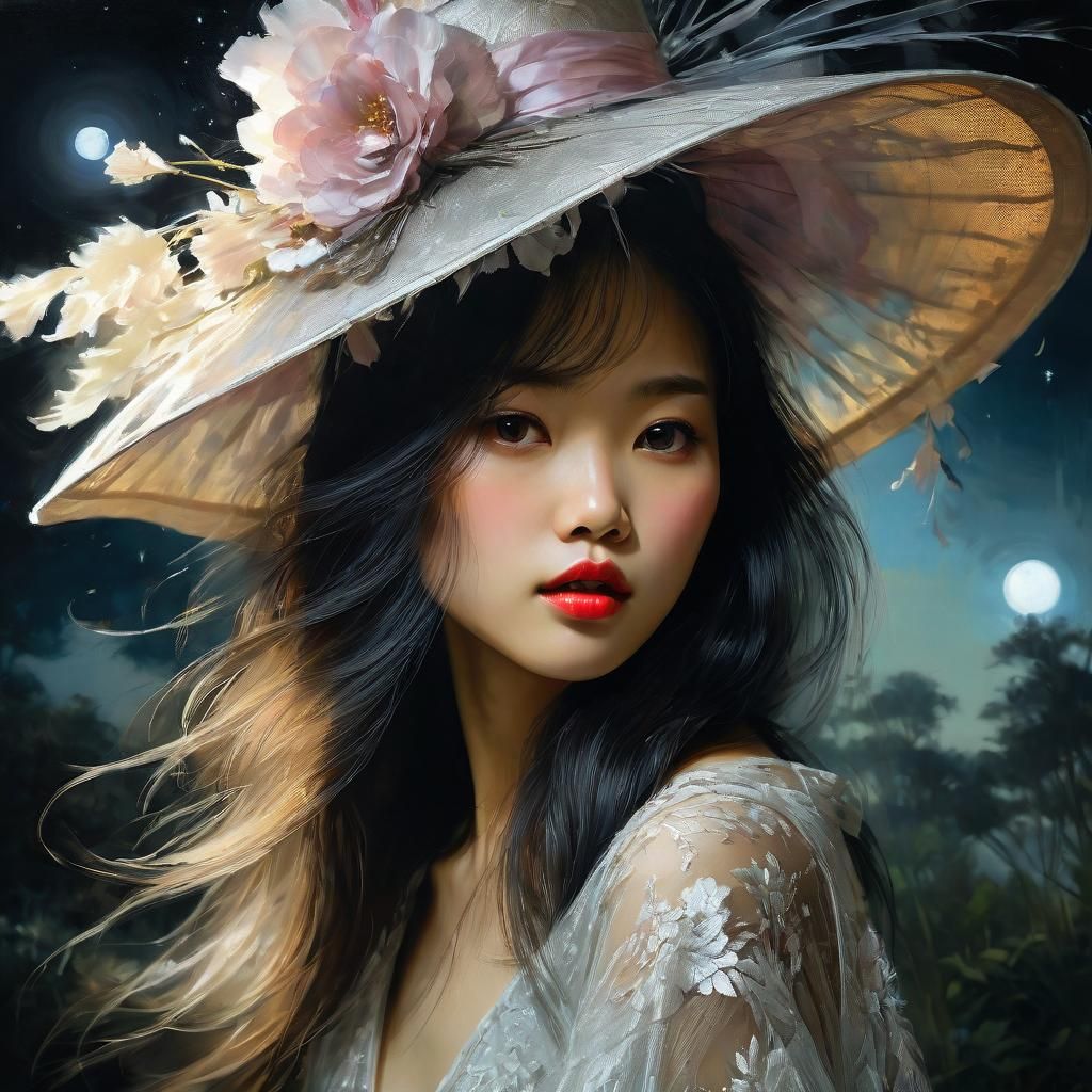 Beautiful Asian Woman in Tulle Hat Portrait