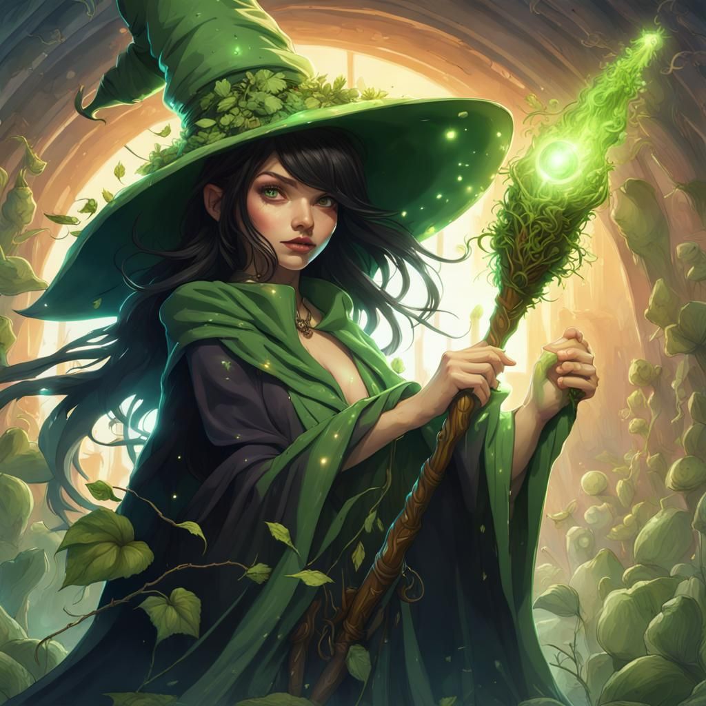 Girl with Plant Hat and Magic Staff