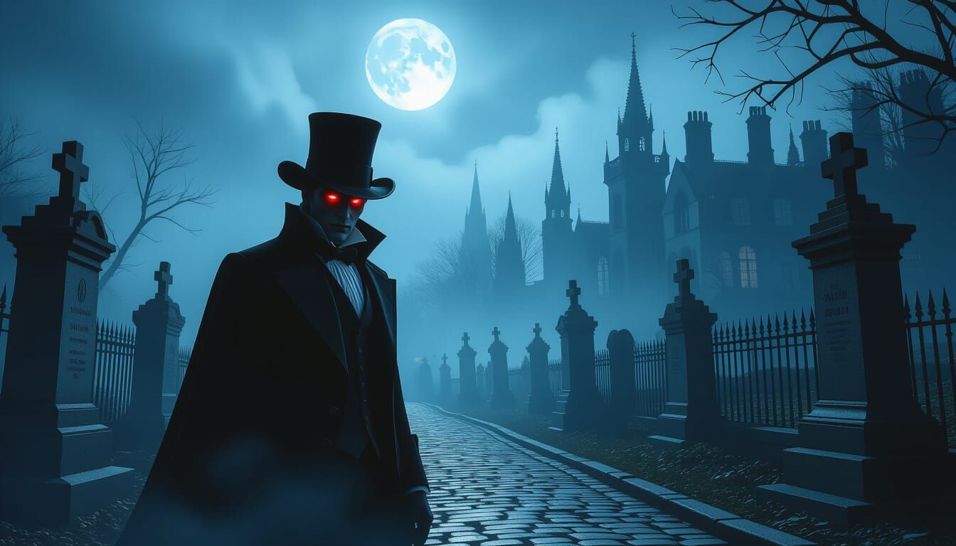 Victorian Vampire in Foggy Graveyard