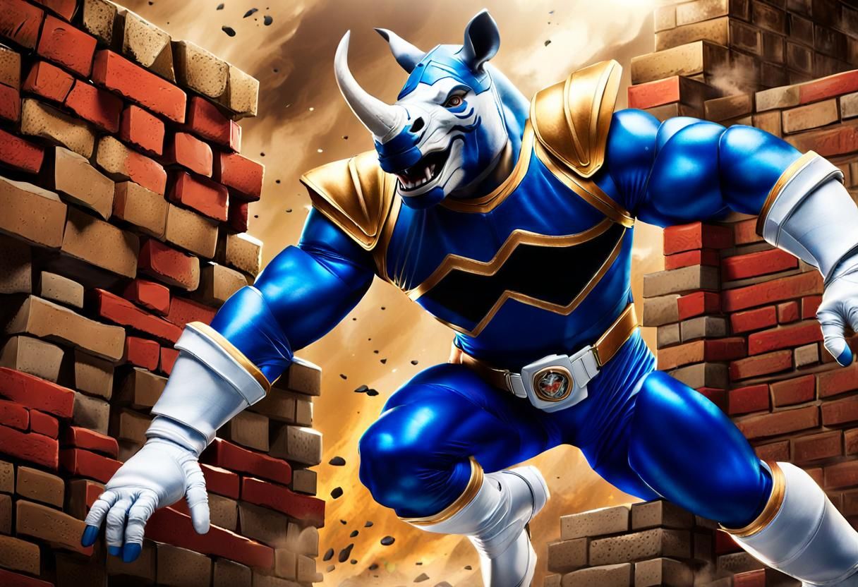 Muscular Rhino Superhero Demolishes Brick Wall
