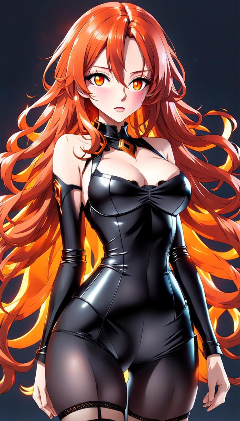 Anime Girl with Fiery Hair in Orange Leotard