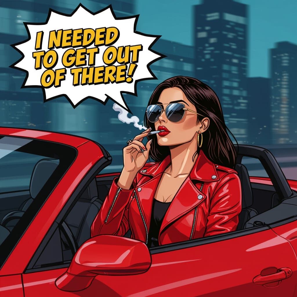 Woman Vaping in Red Car, Comic Book Style