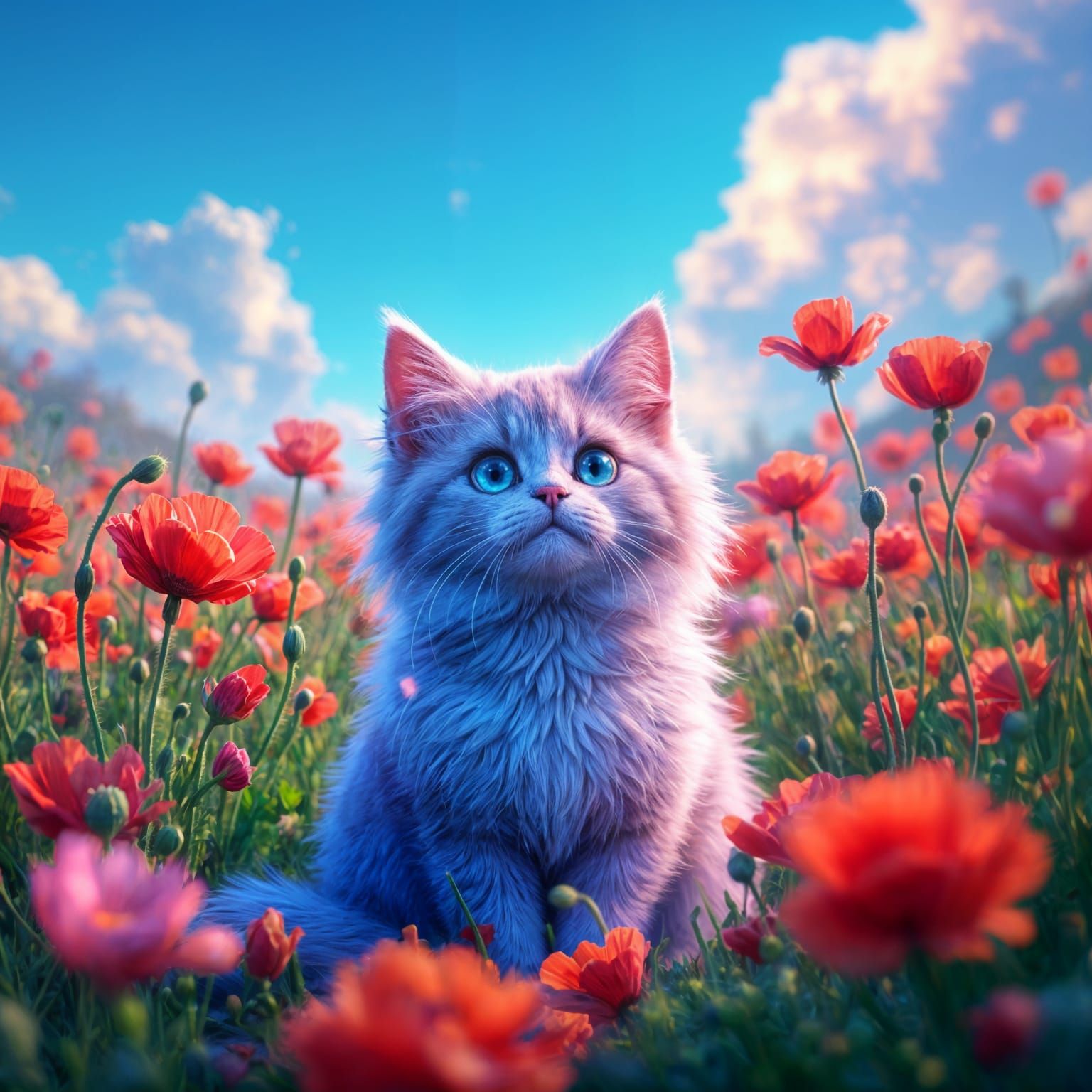 Whimsical Neon Kitty in a Vibrant Poppies Landscape