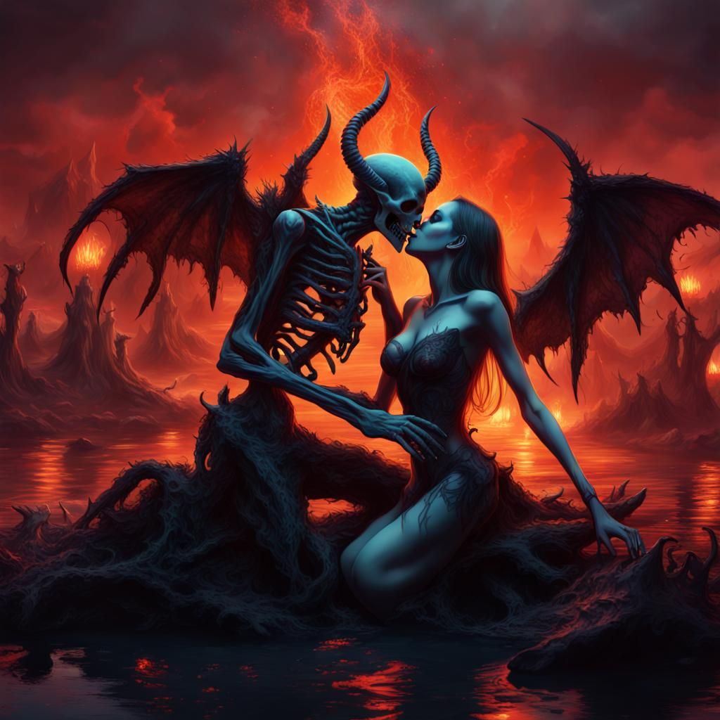 Evil Necromancer and Devil Kiss in Fiery Landscape