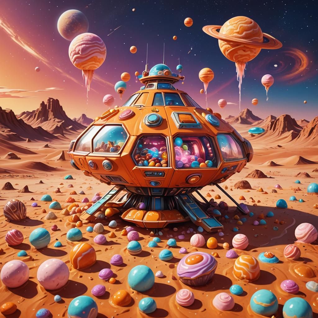 Retro-Futuristic Spaceship on Orange Desert Planet