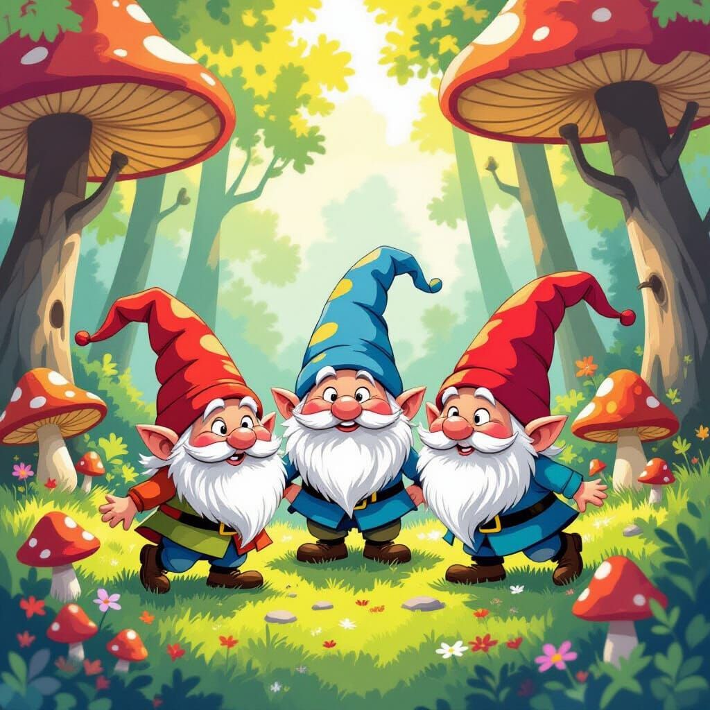 Whimsical Gnomes Cavorting in Enchanted Forest