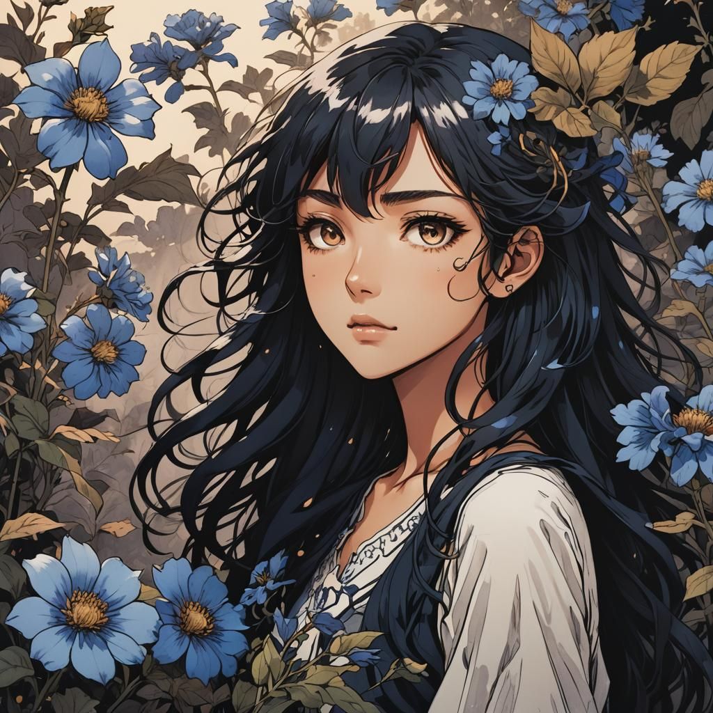 Anime Girl with Blue Hair in Manga Style