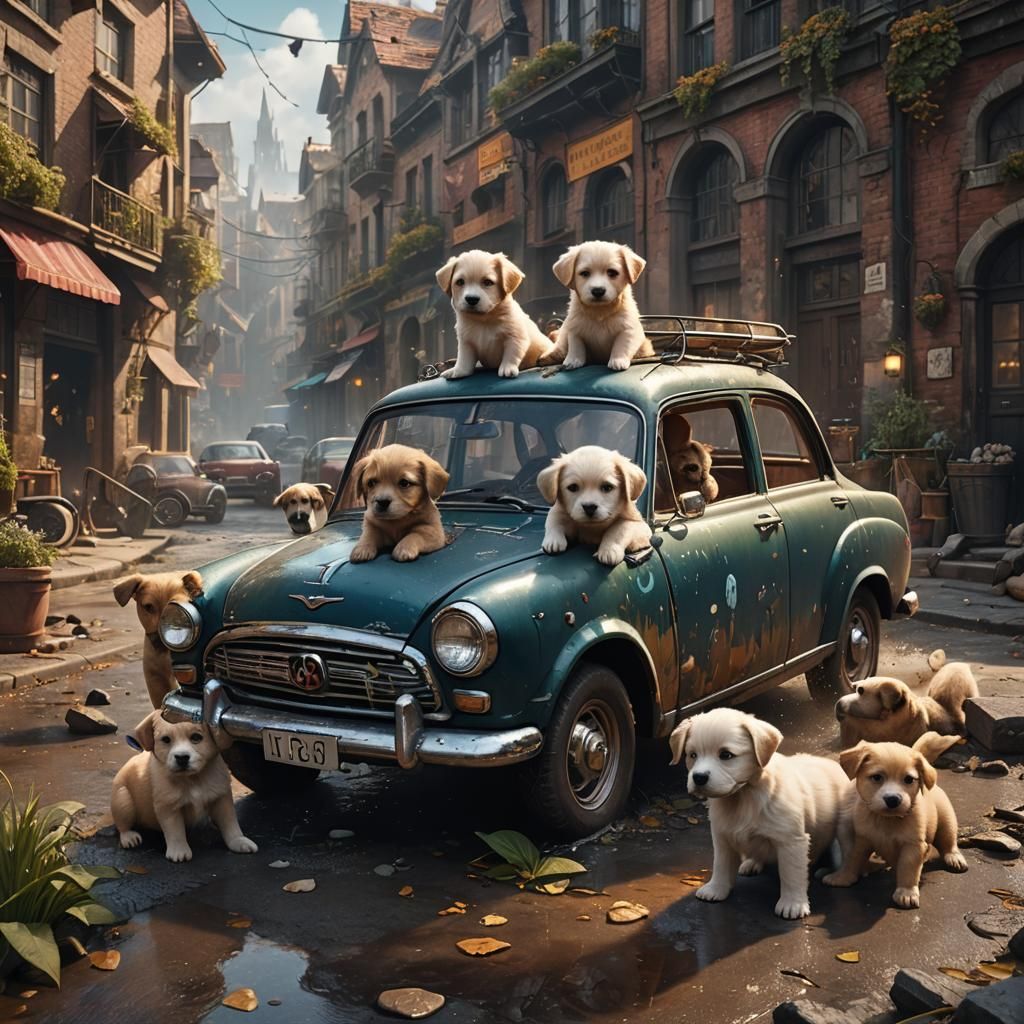 Puppies Playing: Detailed Matte Painting in Deep Color