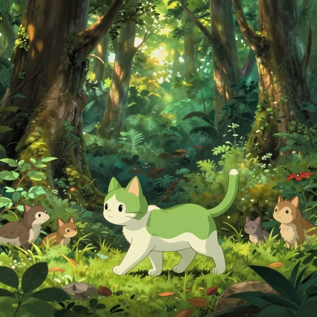 Matcha Cat in Lush Ghibli Forest