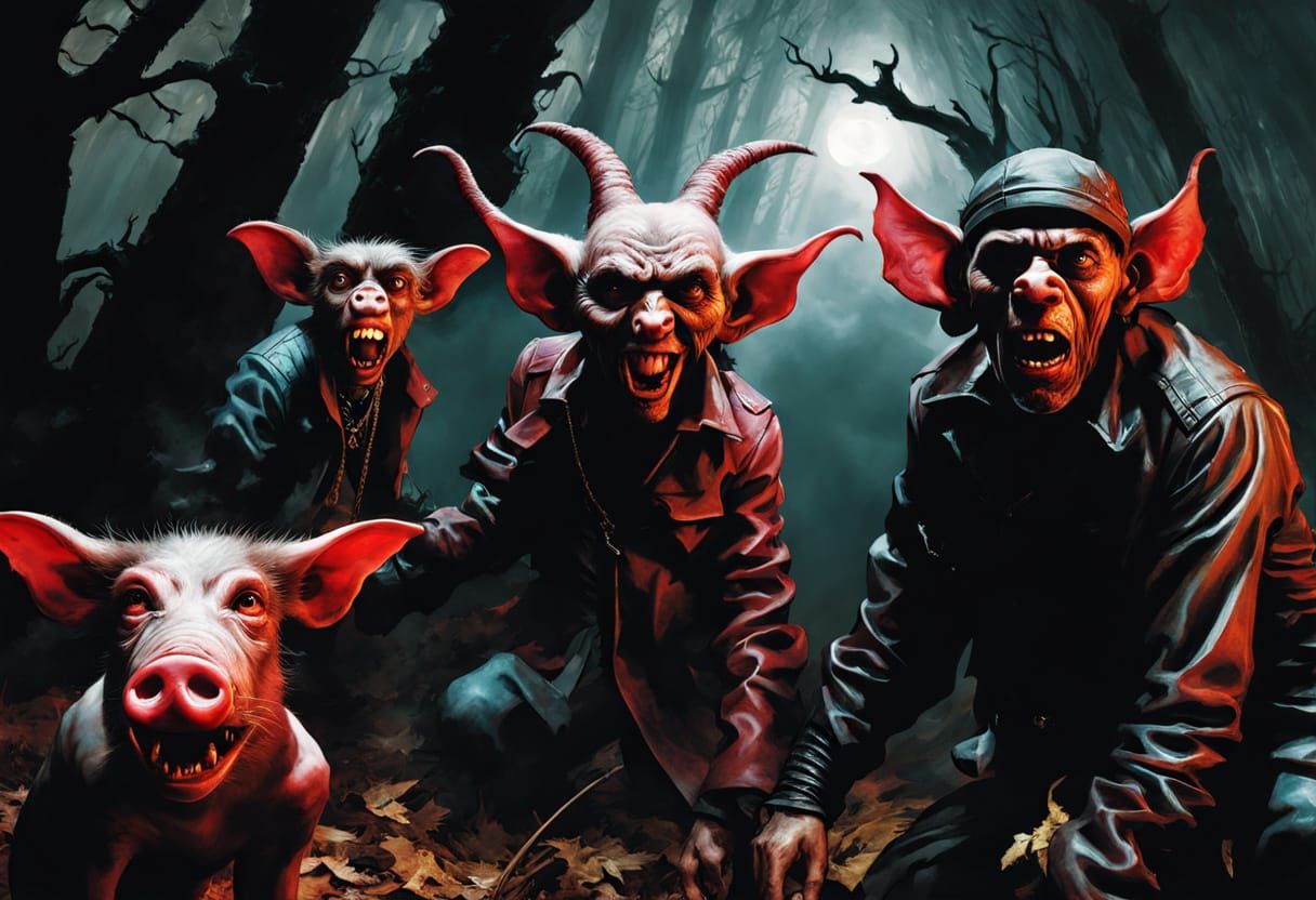 Surreal Monkey Pig Creatures in Eerie Forest