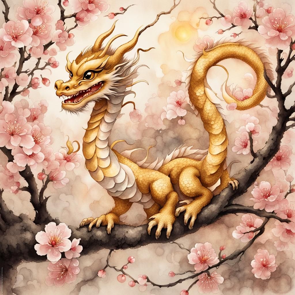 Baby Dragon in Cherry Blossoms: Chinese Painting