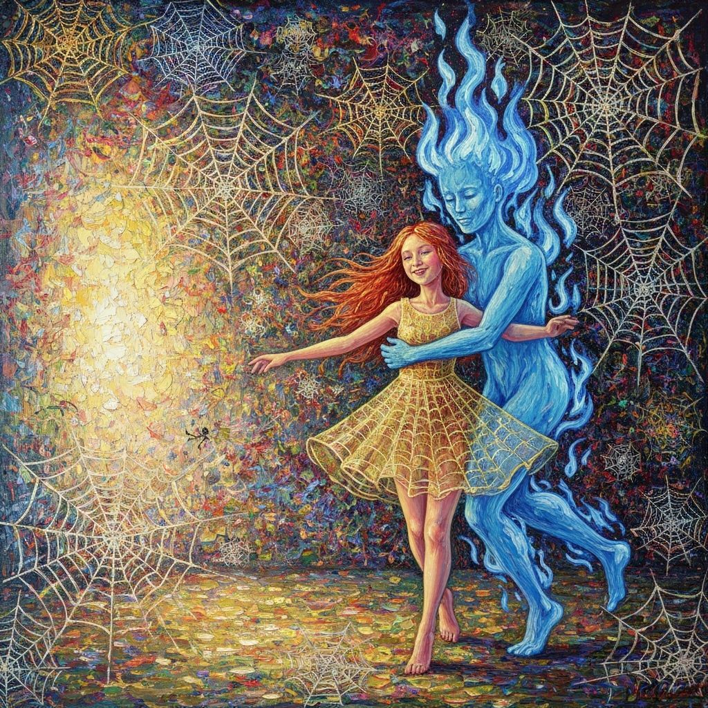 Girl in Spider Web Dress Dances with Fire Spirit