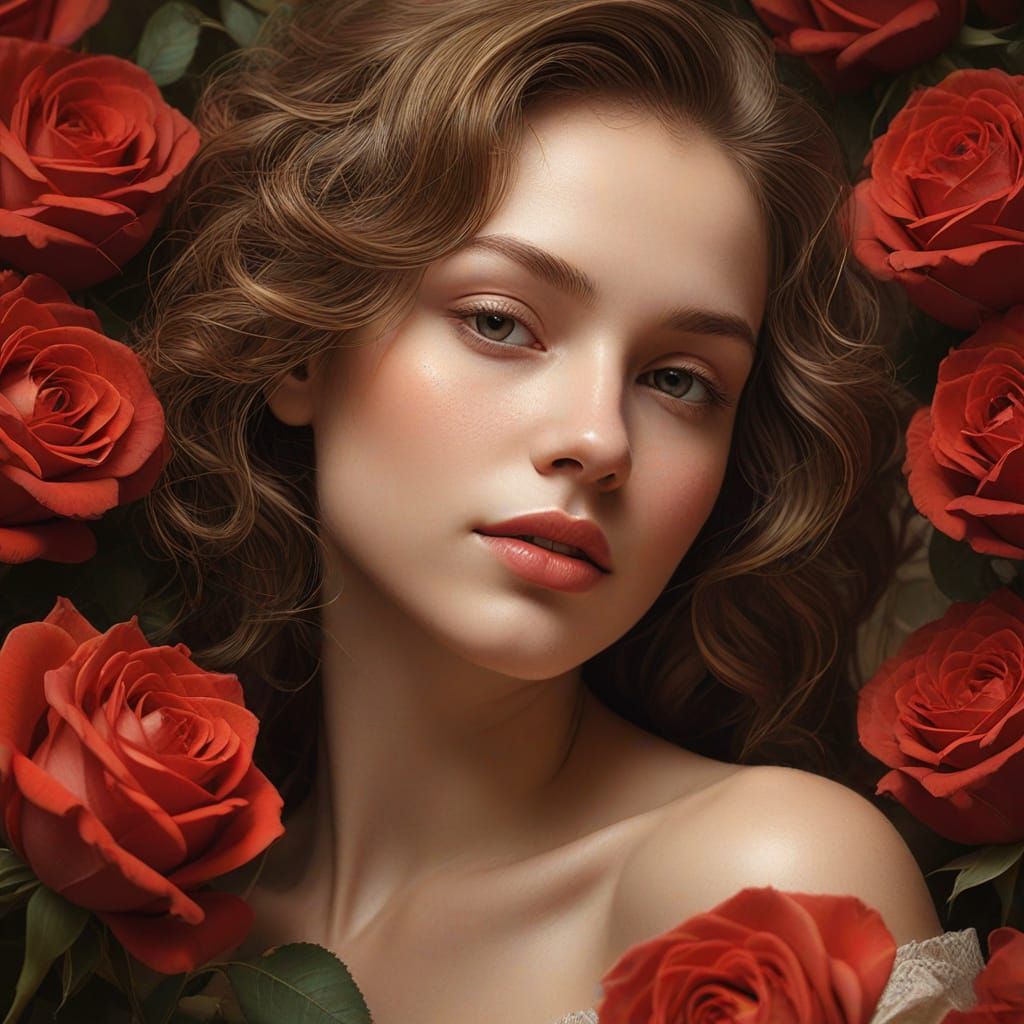 Romantic Realism Portrait with Red Roses