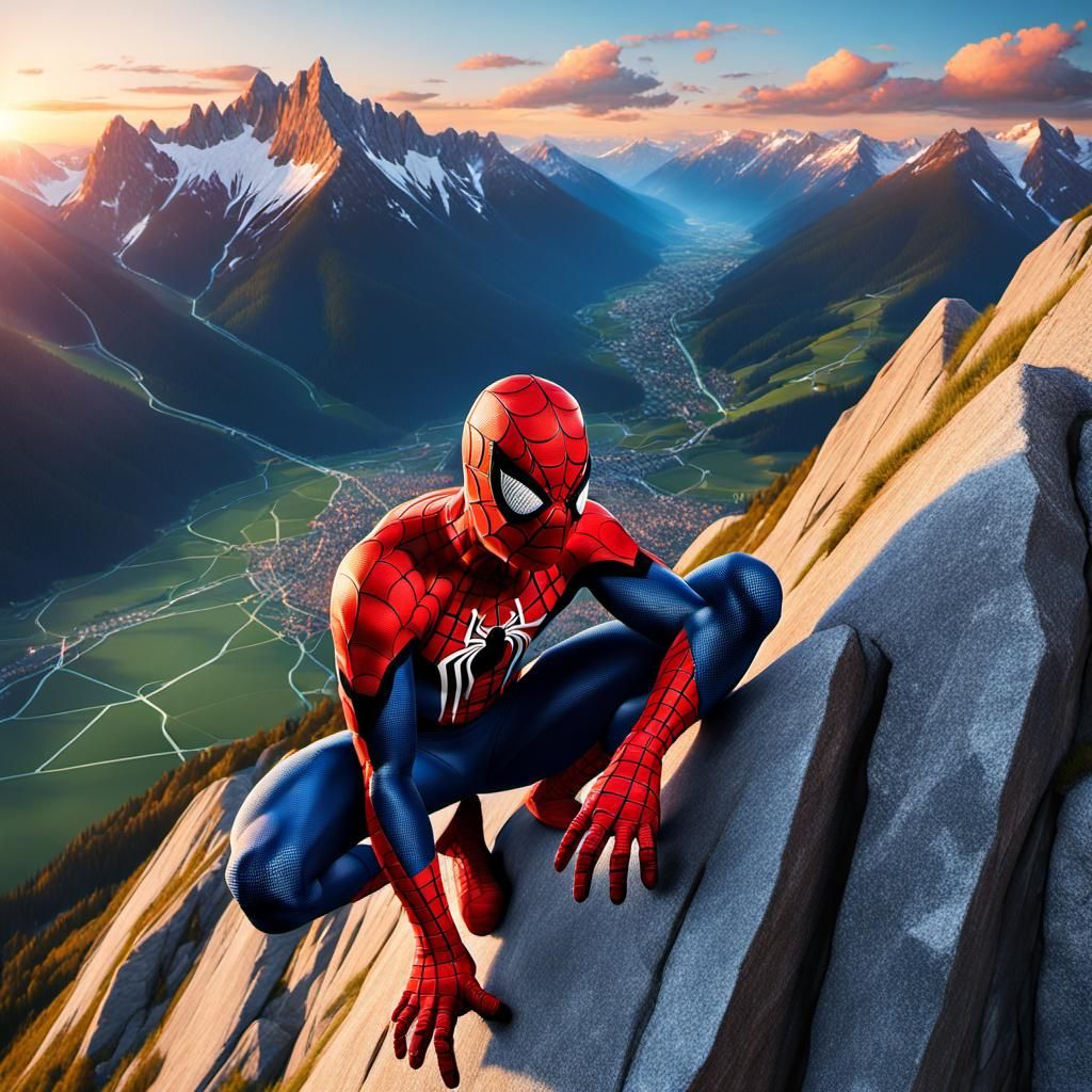 Spider-Man on Holiday in the Alps: Cinematic Oil Painting
