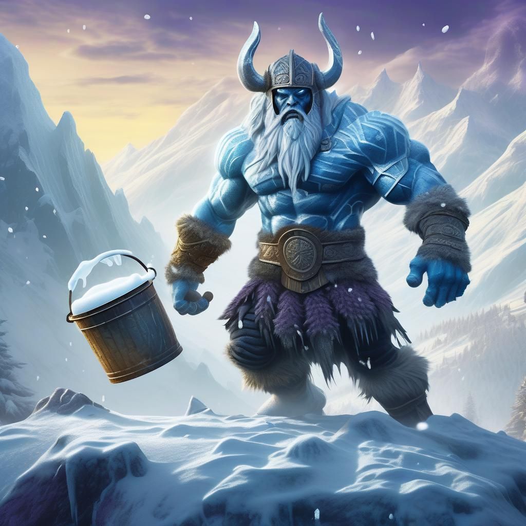 Frost Giant Tossing Milk Pail, Dark Fantasy Art