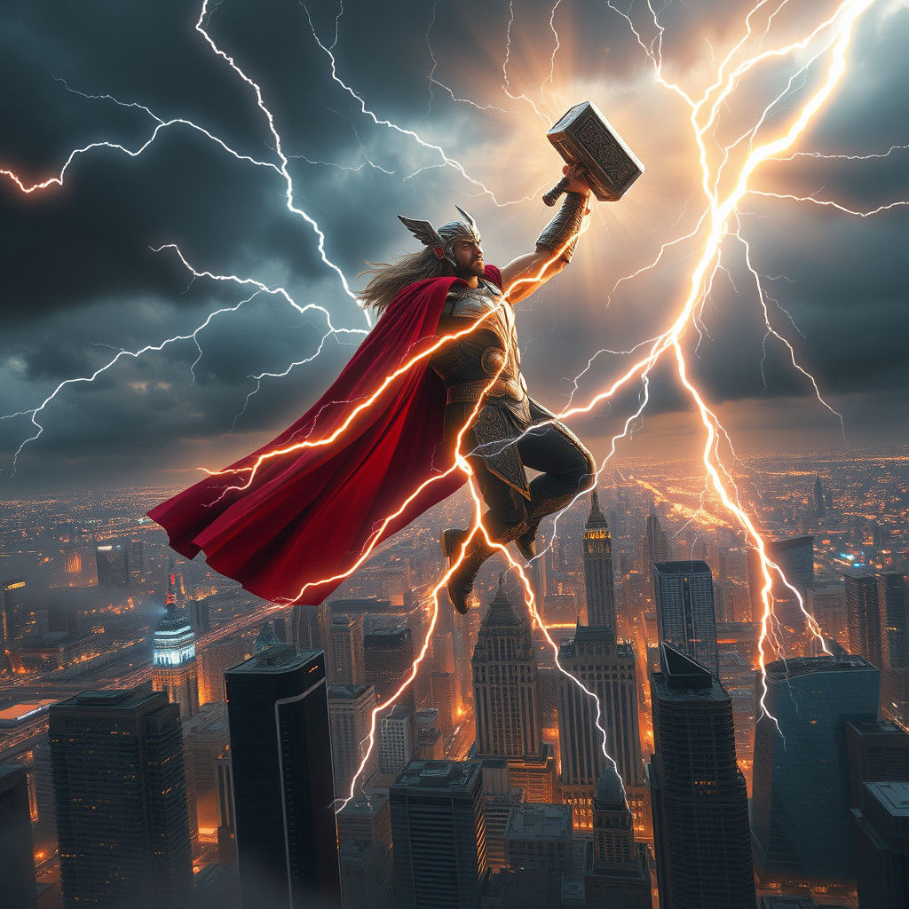 Thor Unleashes Lightning Over Metropolis in Epic Fantasy Art