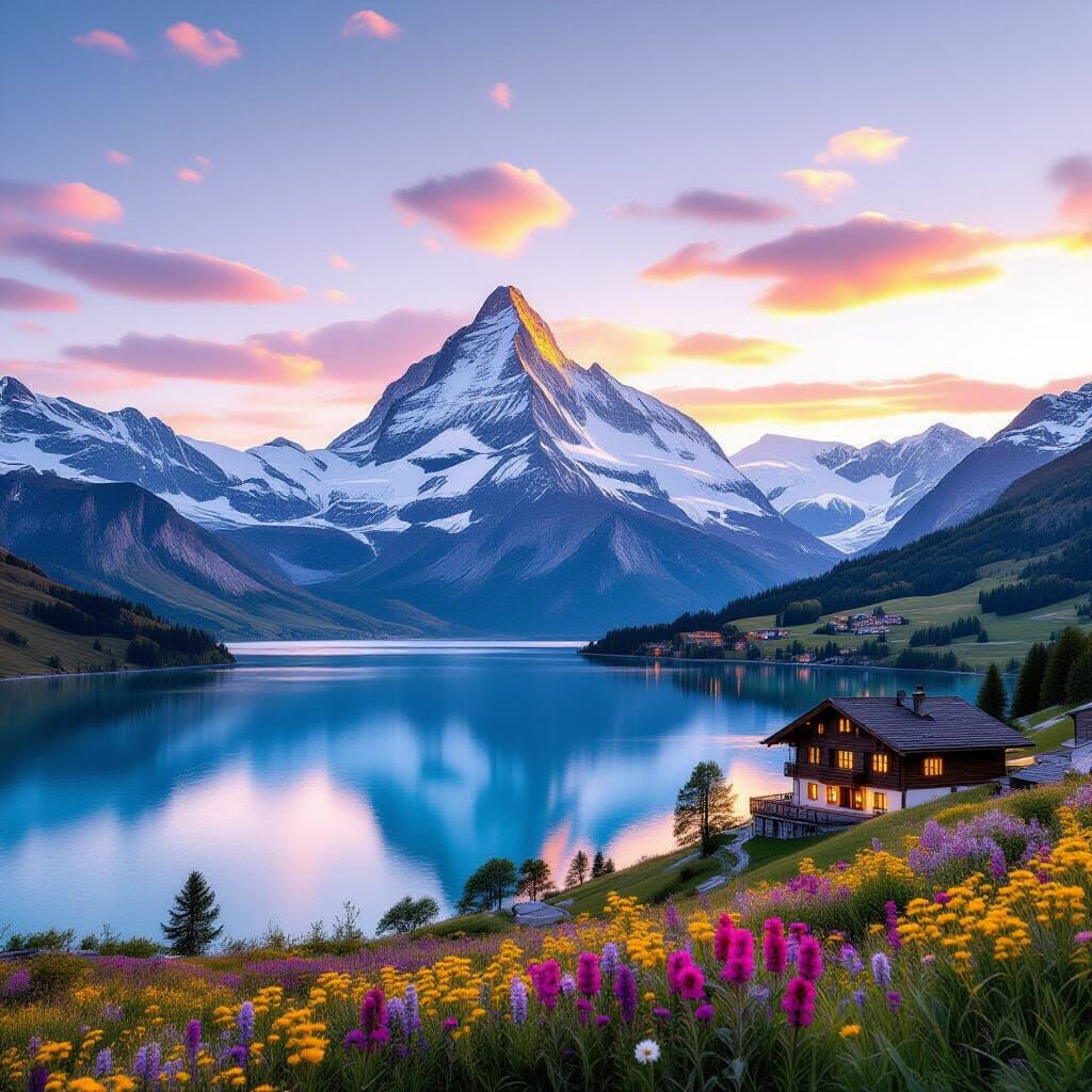 Majestic Swiss Alps at Golden Hour with Turquoise Lake