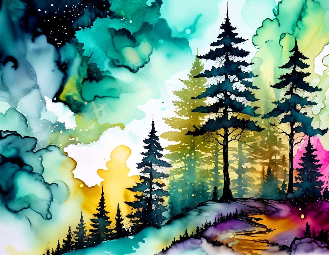 Mystical Forest Path in Cosmic Inkwash