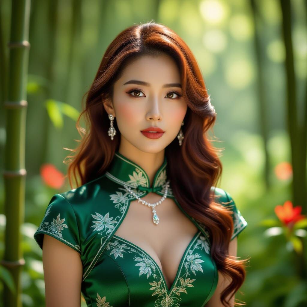 Contemplative Woman in Bamboo Forest: Hyperrealistic Portrai...