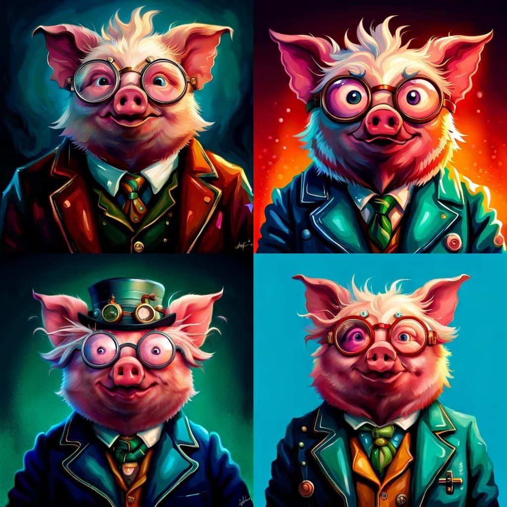 Steampunk Pig Scientist Portrait in Vivid Colors