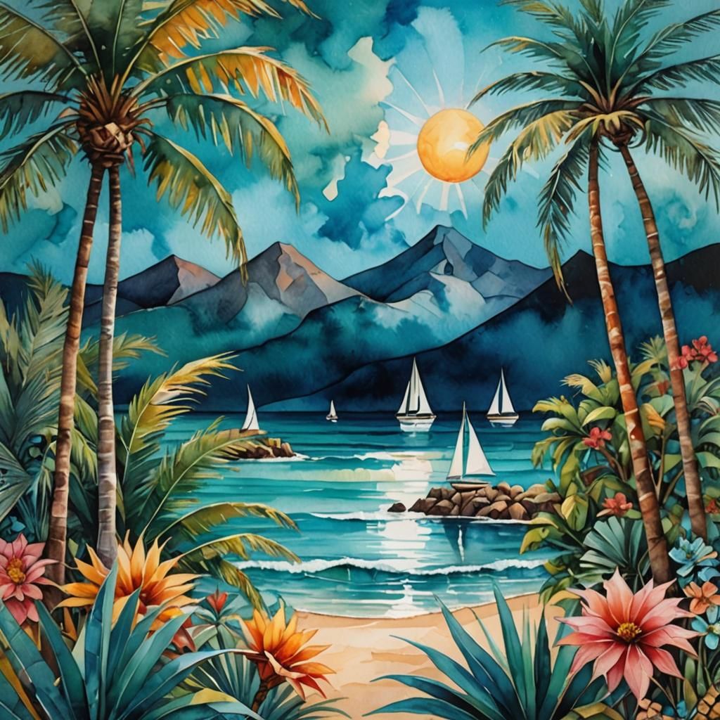 Cubist Watercolor Beach Scene in Aquamarine and Gold