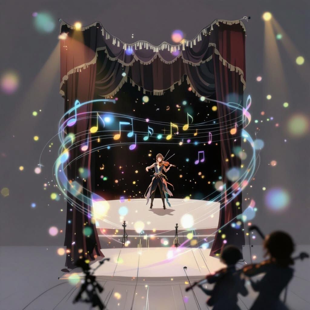 Anime Violinist in Majestic Concert Hall Under Golden Spotli...