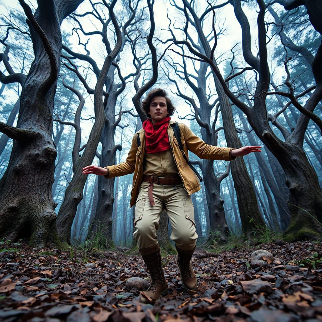 Young Adventurer in Vintage Forest Scene