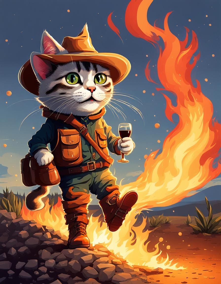 Dangerous Cat in Boots in Fiery Spanish Field
