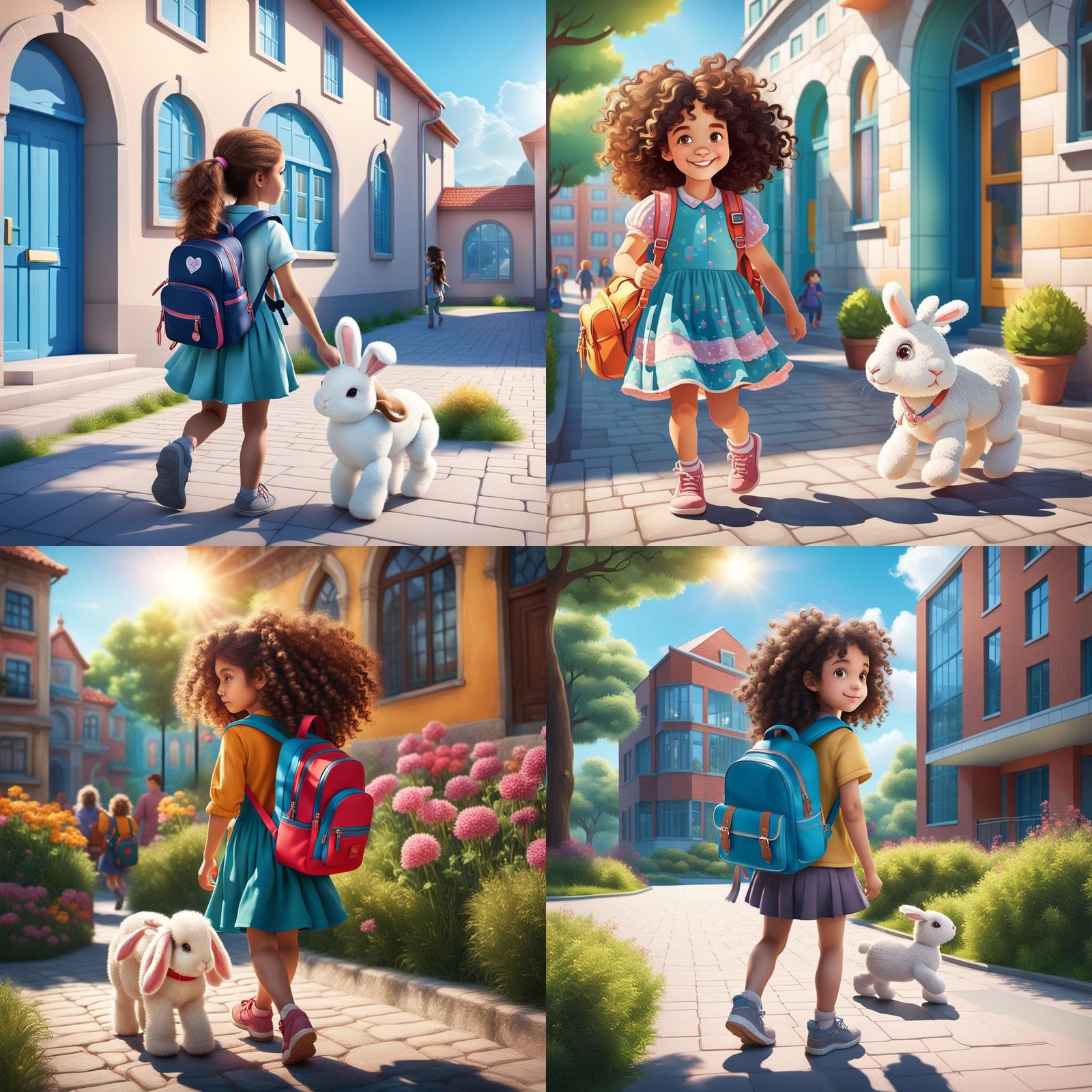Girl with Bunny Walks to School in Matte Painting