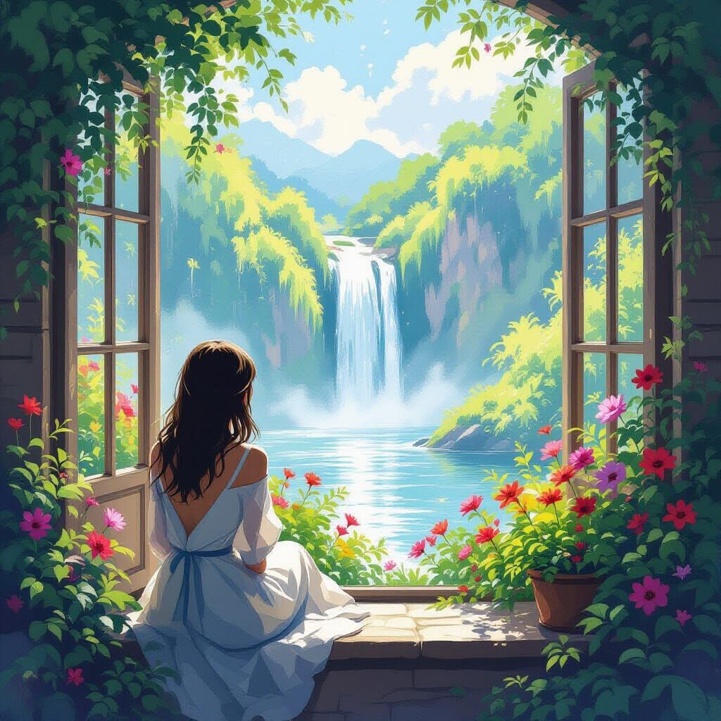 Woman Gazing at Waterfall in Impressionistic Style